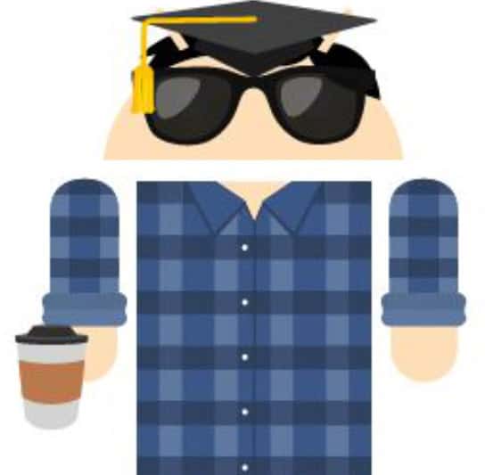 An image of an android like person from the waist up with sunglasses and a checkered shirt.